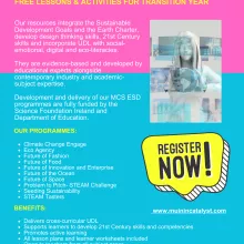 Flyer showing details of programmes. Uses bright highlighter colours and an image of a girl holding the world with screens behind her