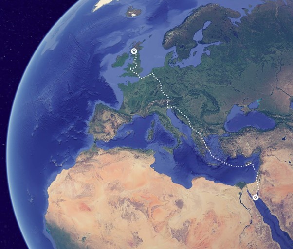 Map showing relay route from Glasgow to Sharm el-Sheikh.