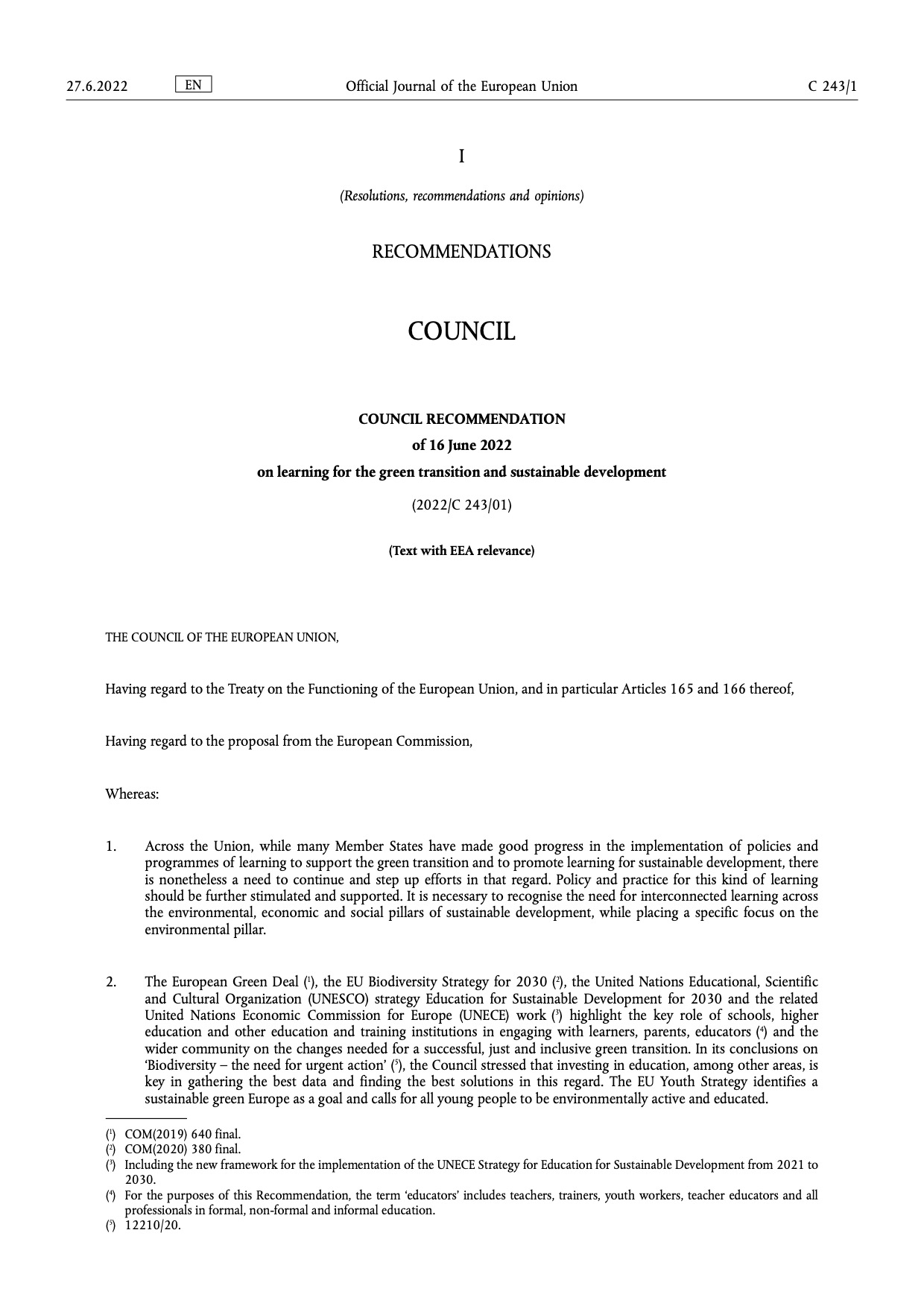 Council recommendation on learning for the green transition and sustainable development 1