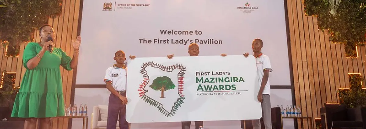 The 3 winners of the Name, Tagline and Logo competition for the First Lady's Mazingira Awards (FLAMA) being recognised and awarded by Her Excellency The First Lady of Kenya, Mama Rachel Ruto. Mazingira is environment in swahili. The tagline..Mazingira Yetu, Jukumu Letu is swahili for Our Environment, Our Responsibility 